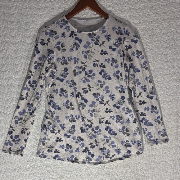 purejill Tops - Crewneck Long-Sleeve Floral Tee in Light Gray and Blue